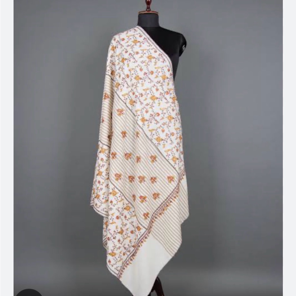 Merino Cream Floral And Stripe Scarf